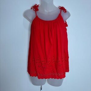 Loft red orange eyelet ruffle tank top tassels size XS summer preppy boho
